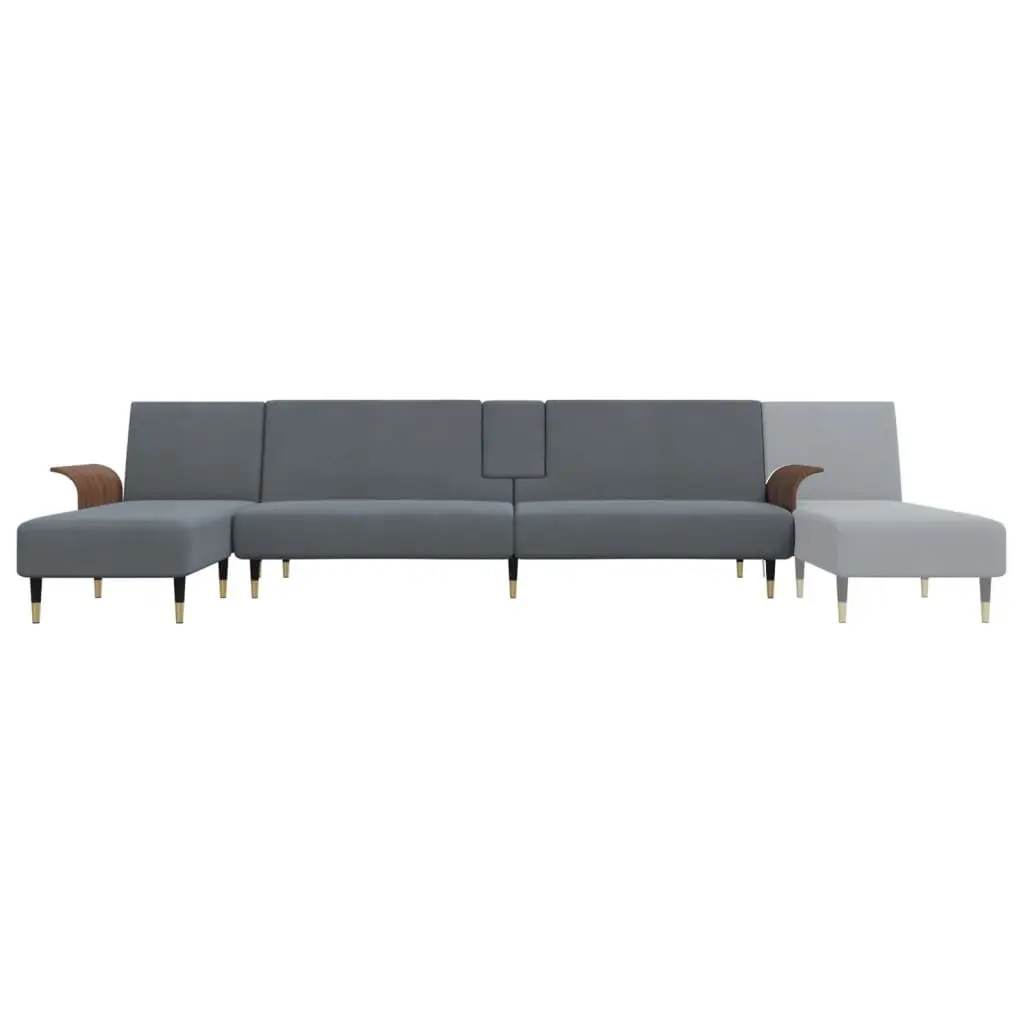 L-Shaped Sofa Bed Grey Velvet Convertible Sleeper Couch Chaise Lounge with Tea Table