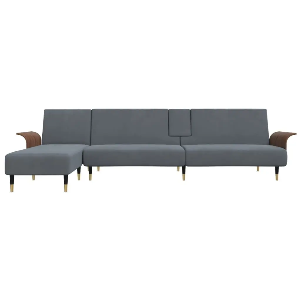 L-Shaped Sofa Bed Grey Velvet Convertible Sleeper Couch Chaise Lounge with Tea Table