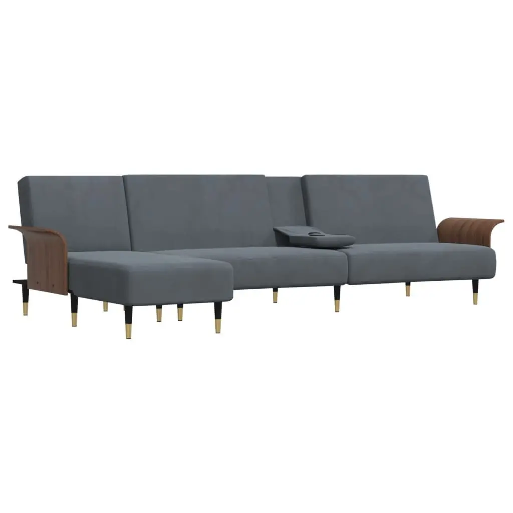 L-Shaped Sofa Bed Grey Velvet Convertible Sleeper Couch Chaise Lounge with Tea Table