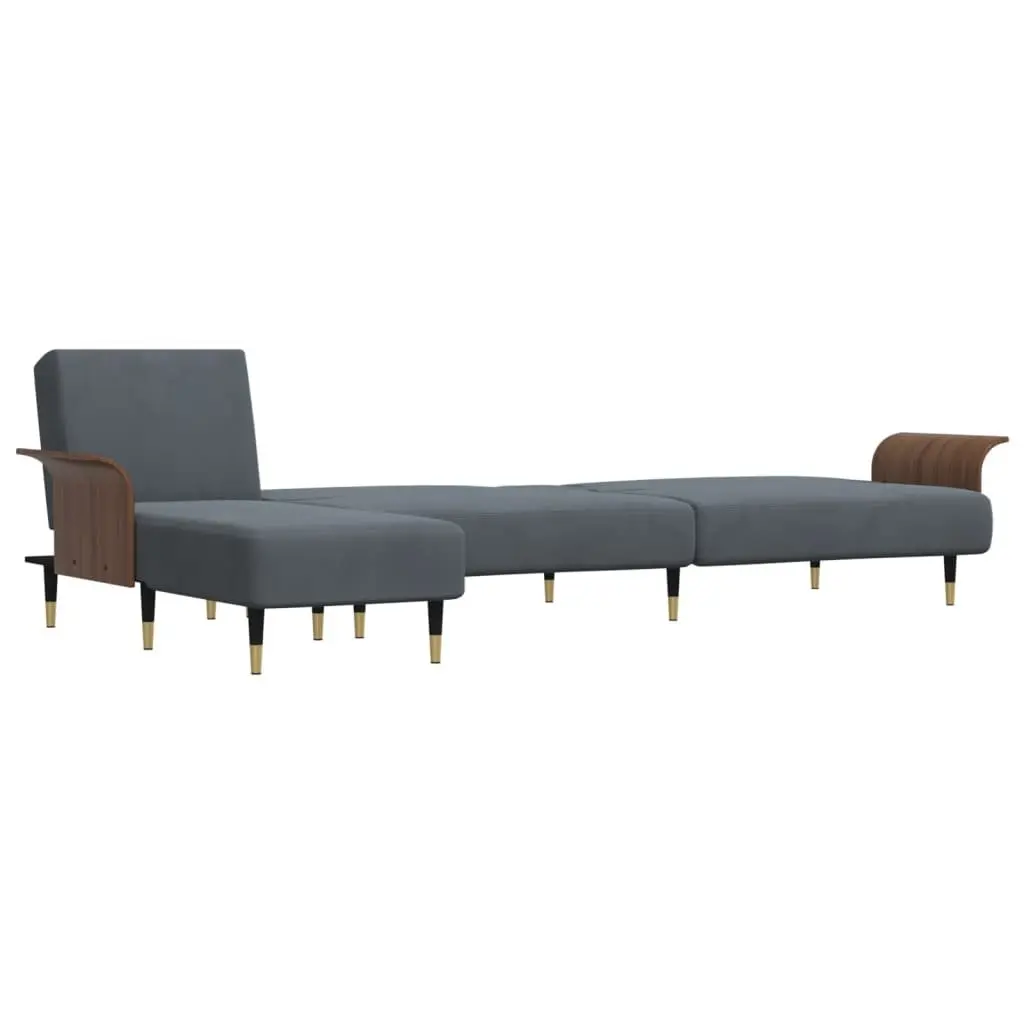 L-Shaped Sofa Bed Grey Velvet Convertible Sleeper Couch Chaise Lounge with Tea Table