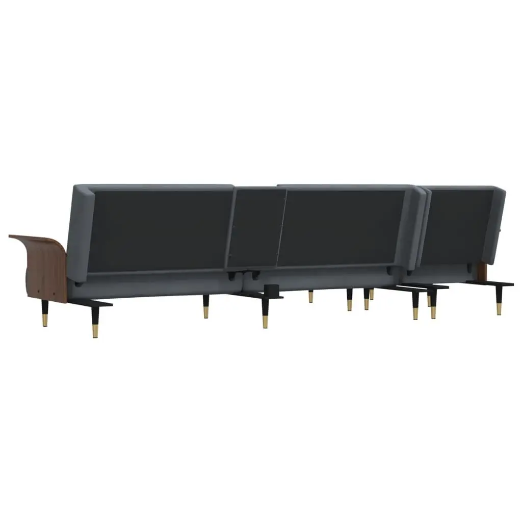 L-Shaped Sofa Bed Grey Velvet Convertible Sleeper Couch Chaise Lounge with Tea Table