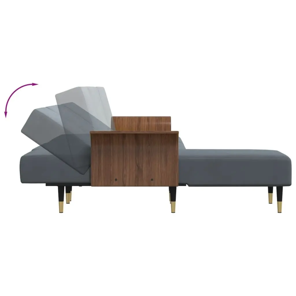 L-Shaped Sofa Bed Grey Velvet Convertible Sleeper Couch Chaise Lounge with Tea Table