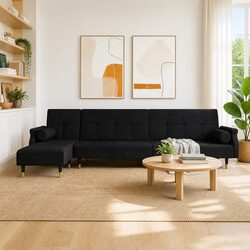 Black Velvet L-Shaped Sofa Bed for Versatile Living
