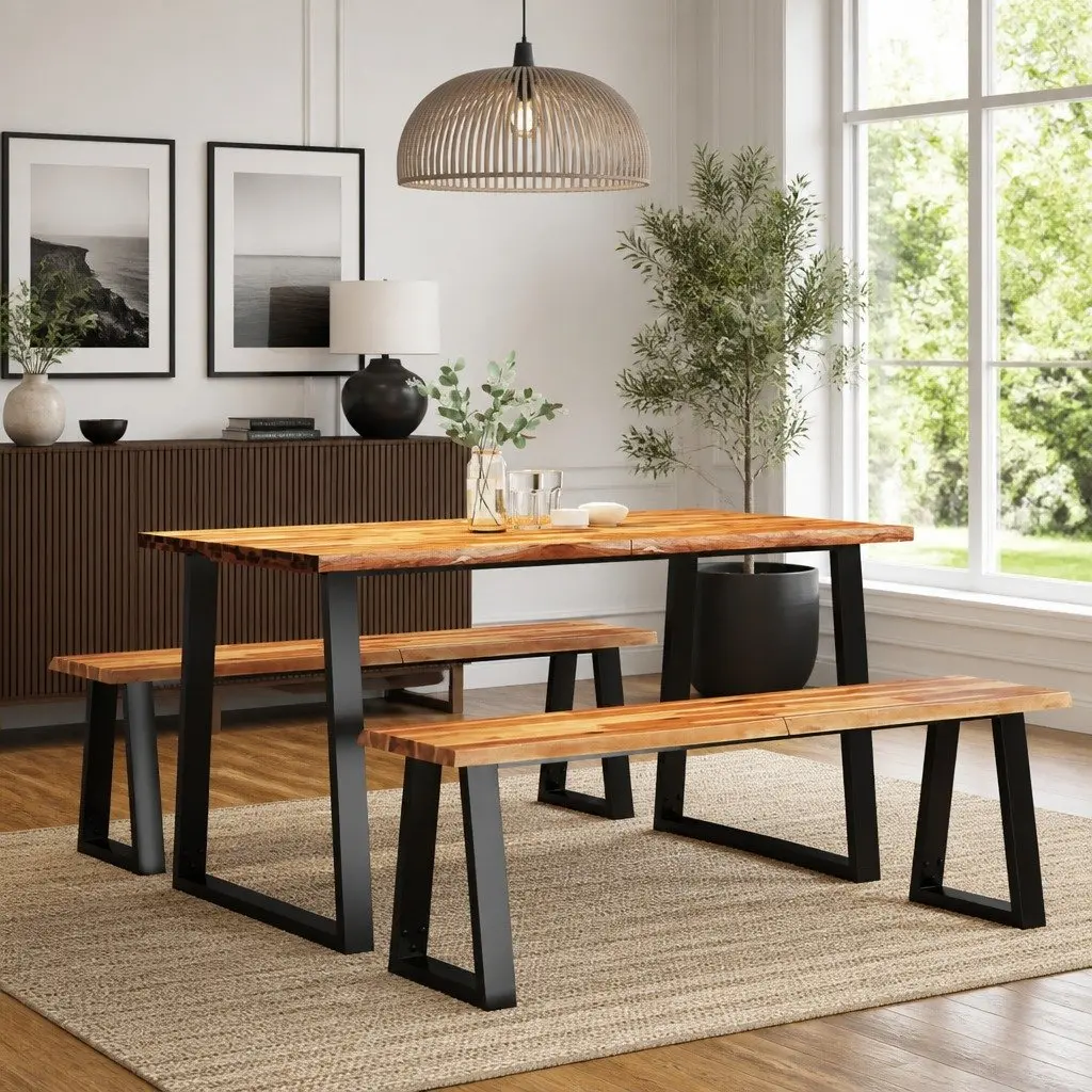 Dining Set Live Edge Acacia Wood Brown 3 Piece