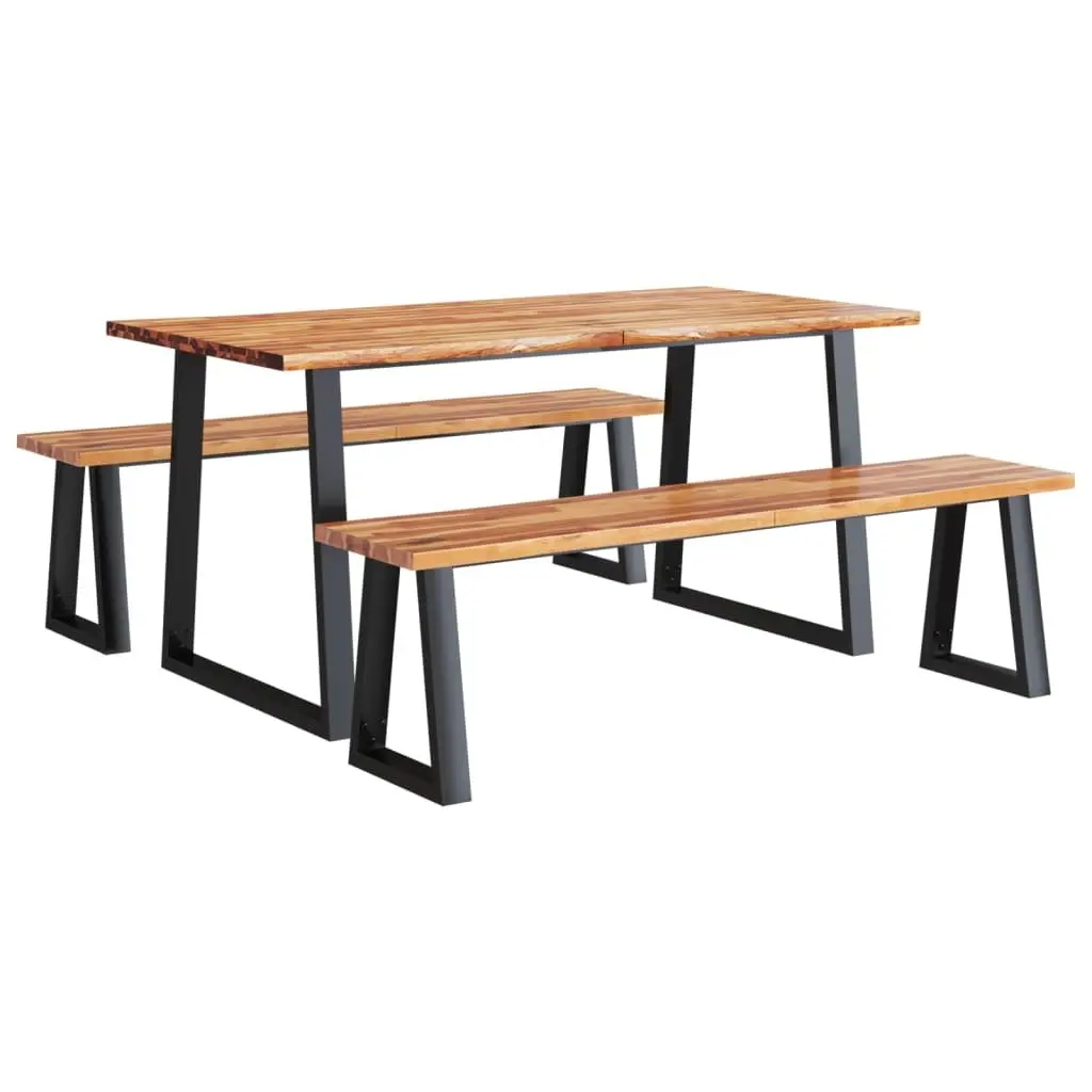 Dining Set Live Edge 3 Piece Solid Wood Acacia Brown Kitchen Table Bench Seats