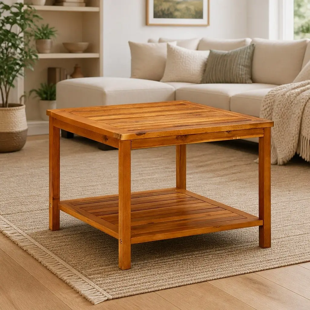 Acacia Wood Coffee Table with Storage Shelf