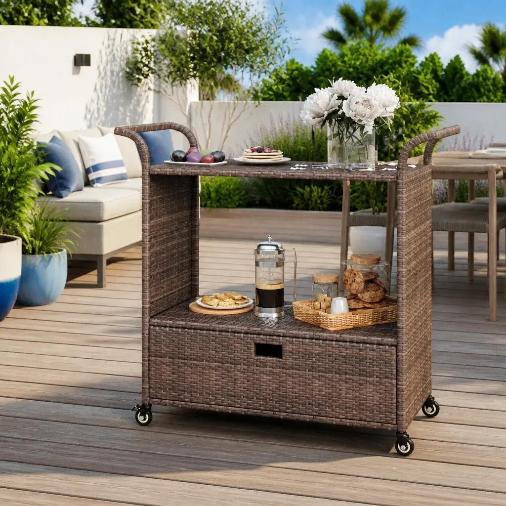 Rolling Bar Cart with Drawer in Brown Poly Rattan