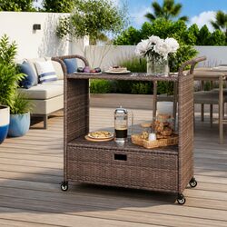 Rolling Bar Cart with Drawer in Brown Poly Rattan
