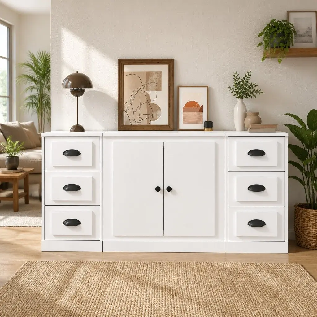 Set of 3 White Engineered Wood Sideboards for Storage