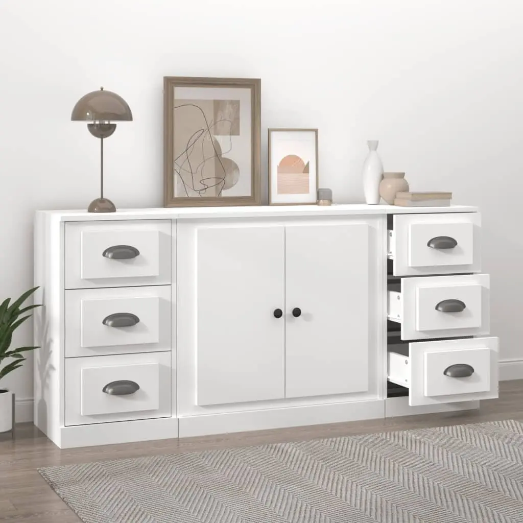 Set of 3 White Engineered Wood Sideboards for Storage