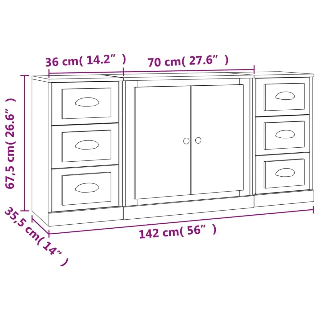 Set of 3 White Engineered Wood Sideboards for Storage
