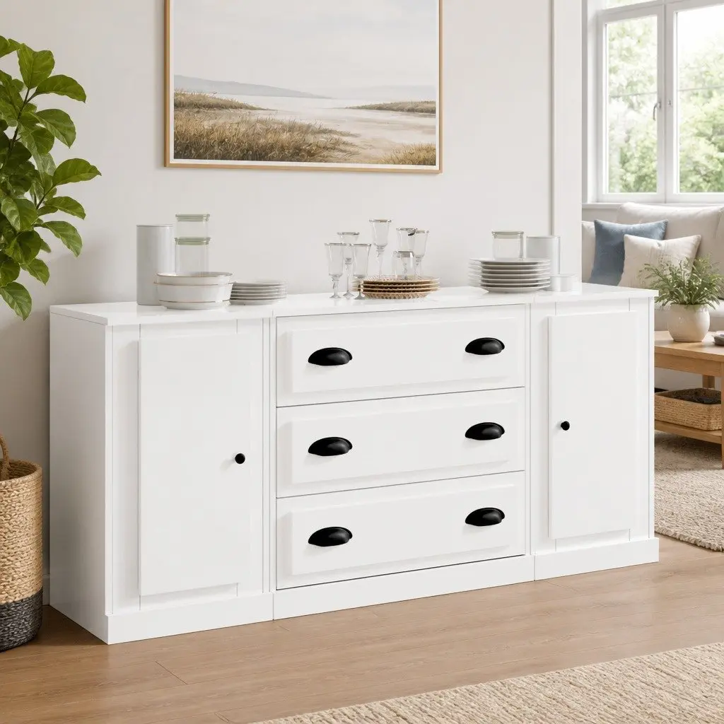 3-Piece White High Gloss Sideboard Storage Set