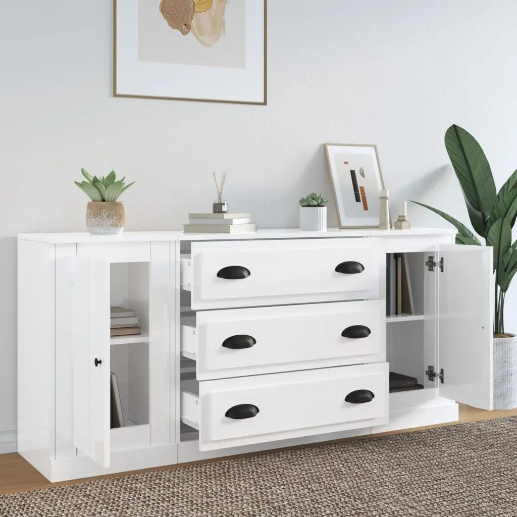 3-Piece White High Gloss Sideboard Storage Set