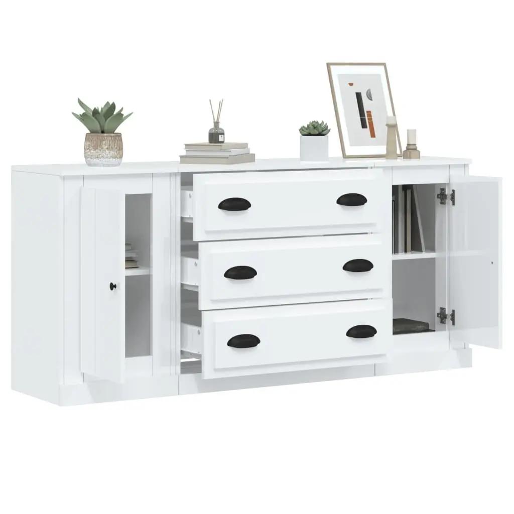 3-Piece White High Gloss Sideboard Storage Set