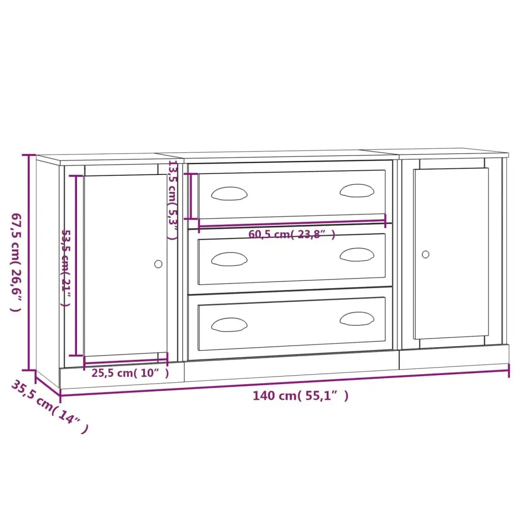 3-Piece White High Gloss Sideboard Storage Set