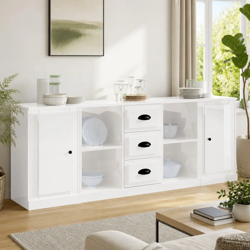 Sideboards 3 pcs High Gloss White Storage Cabinet Buffet Furniture Set
