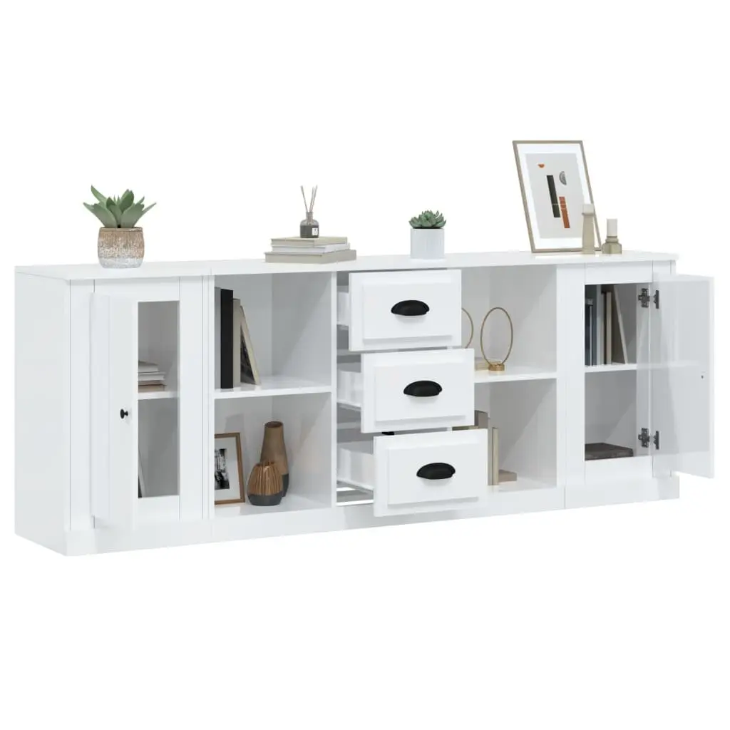 Sideboards 3 pcs High Gloss White Storage Cabinet Buffet Furniture Set