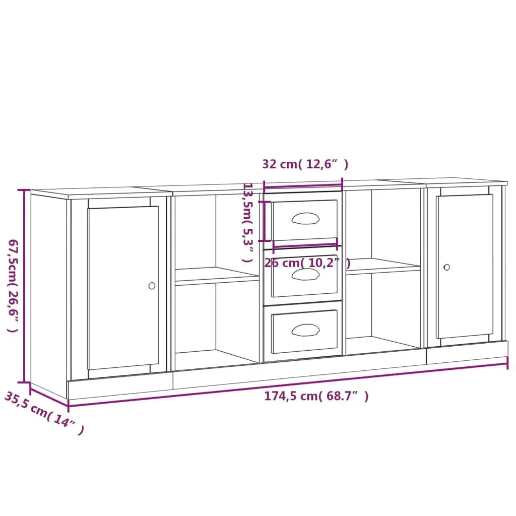 Sideboards 3 pcs High Gloss White Storage Cabinet Buffet Furniture Set