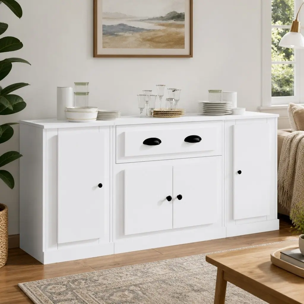 Set of 3 White Engineered Wood Sideboards for Storage