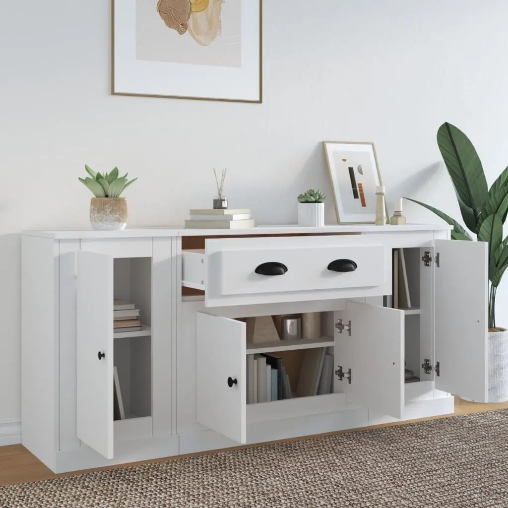 Set of 3 White Engineered Wood Sideboards for Storage