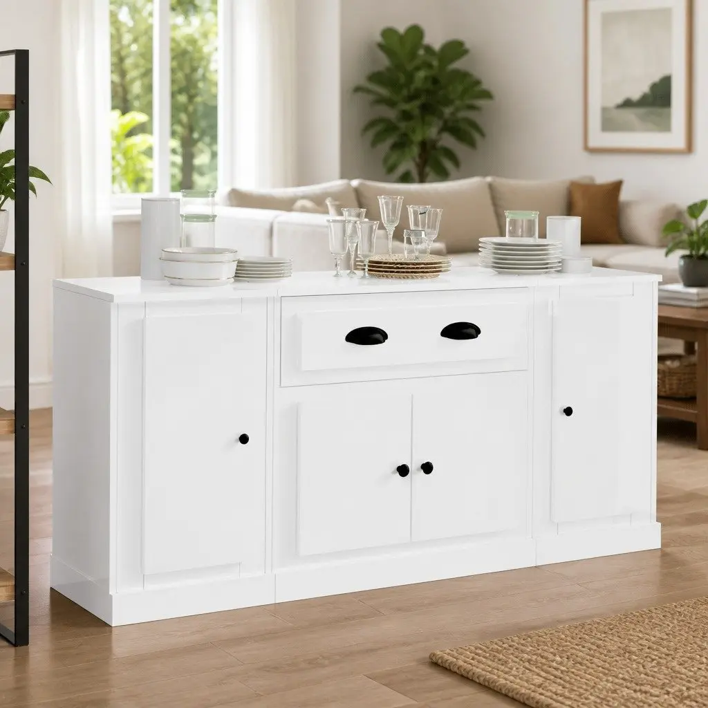 White High Gloss Sideboards Set of 3 Engineered Wood Storage Cabinet Buffet Display Furniture