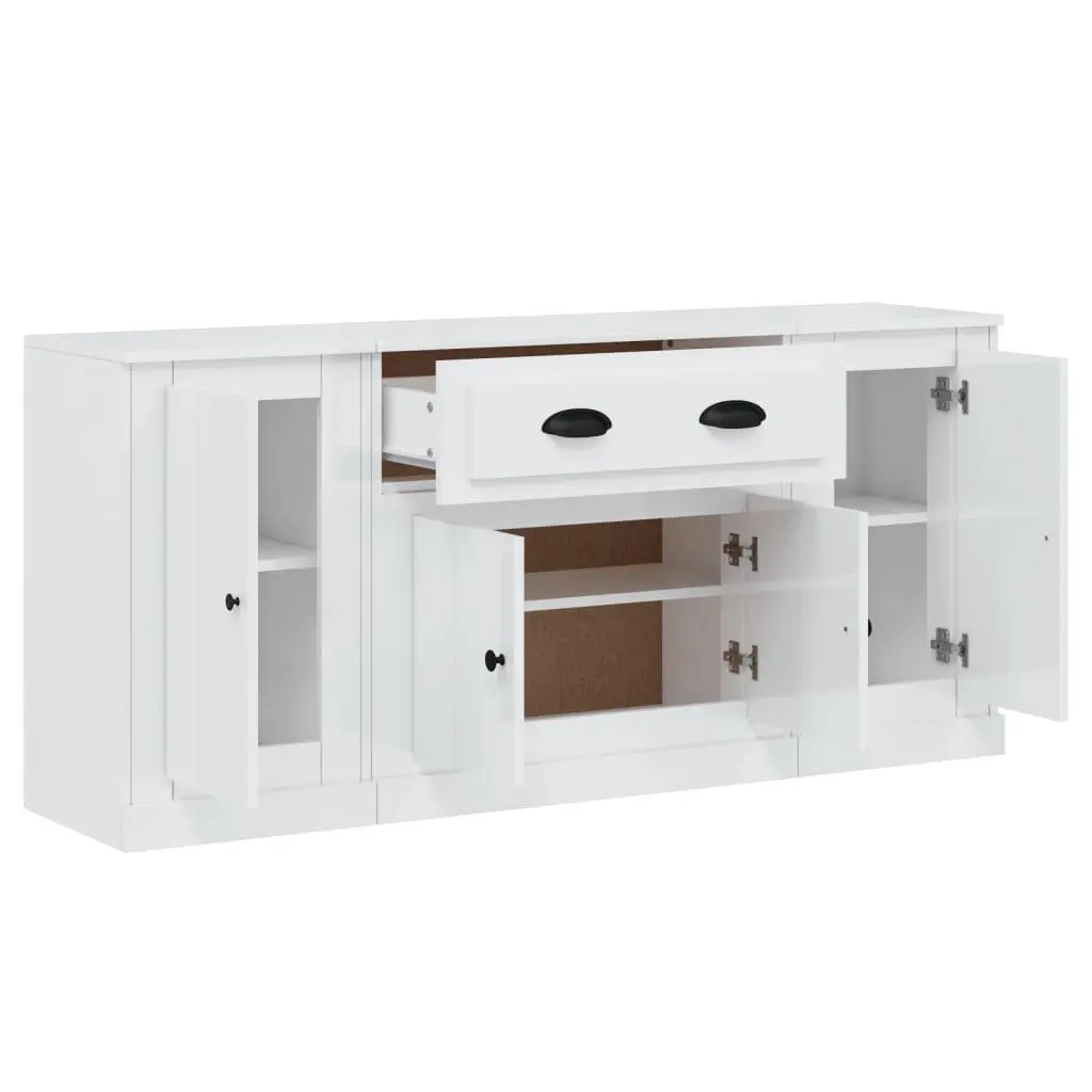 White High Gloss Sideboards Set of 3 Engineered Wood Storage Cabinet Buffet Display Furniture
