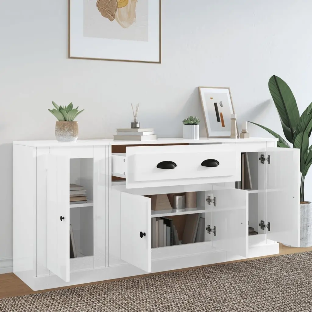 White High Gloss Sideboards Set of 3 Engineered Wood Storage Cabinet Buffet Display Furniture