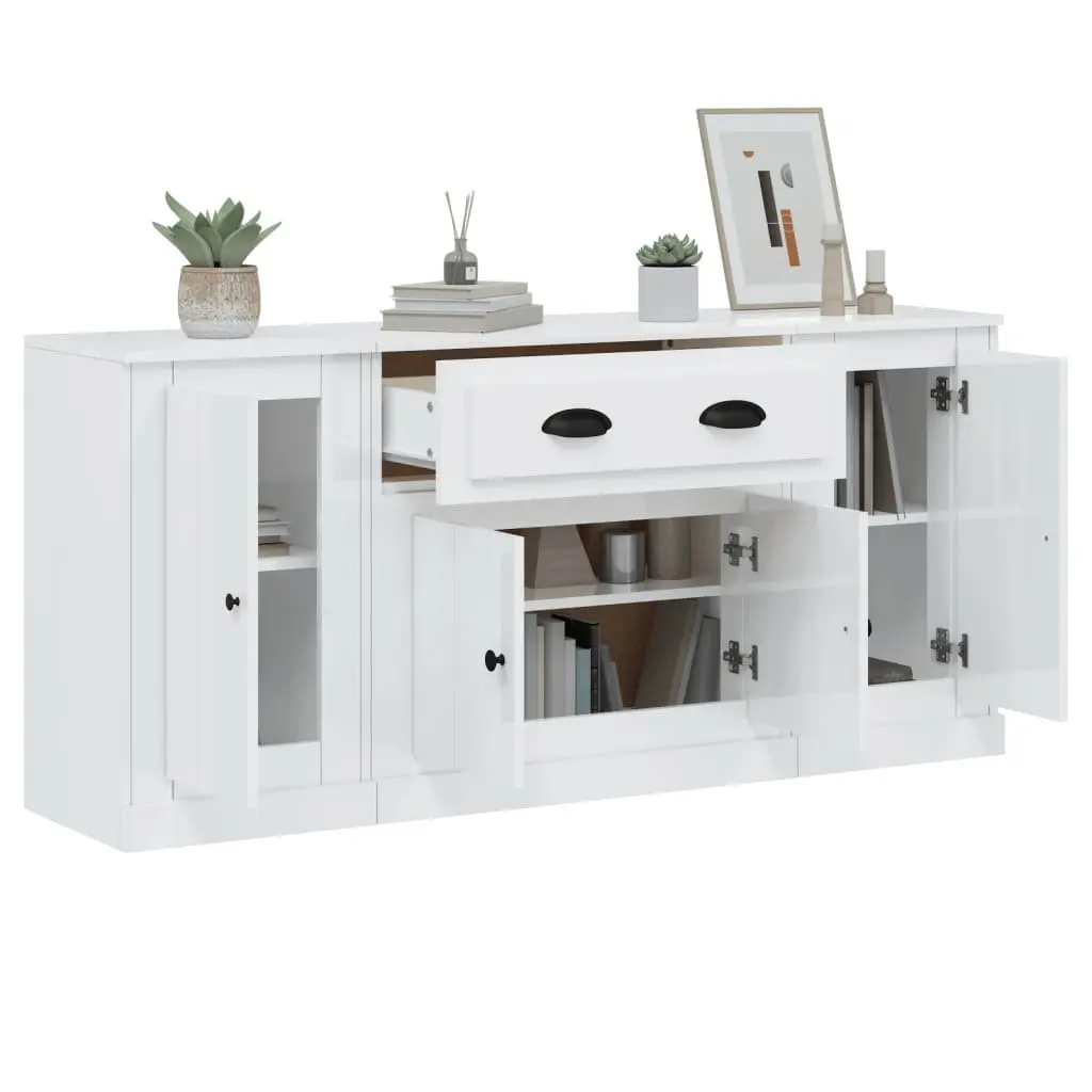 White High Gloss Sideboards Set of 3 Engineered Wood Storage Cabinet Buffet Display Furniture