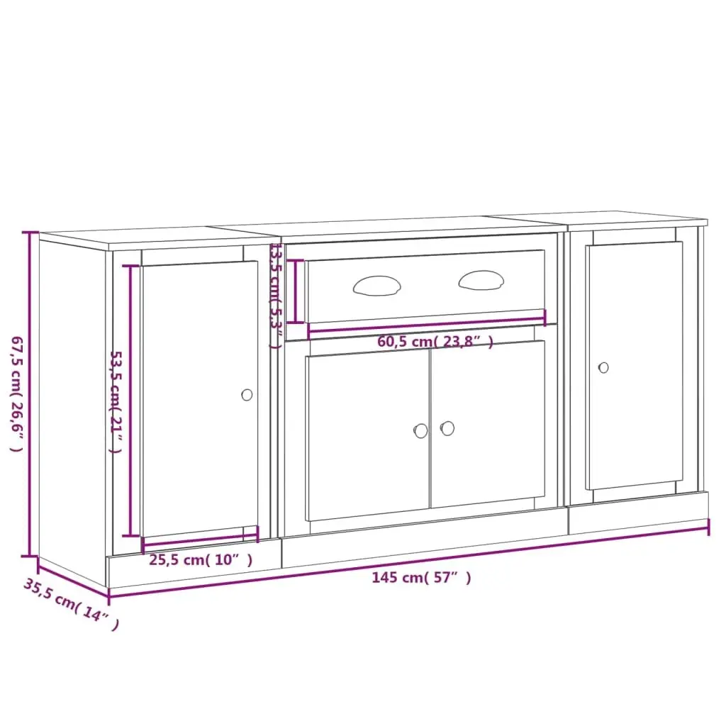 White High Gloss Sideboards Set of 3 Engineered Wood Storage Cabinet Buffet Display Furniture
