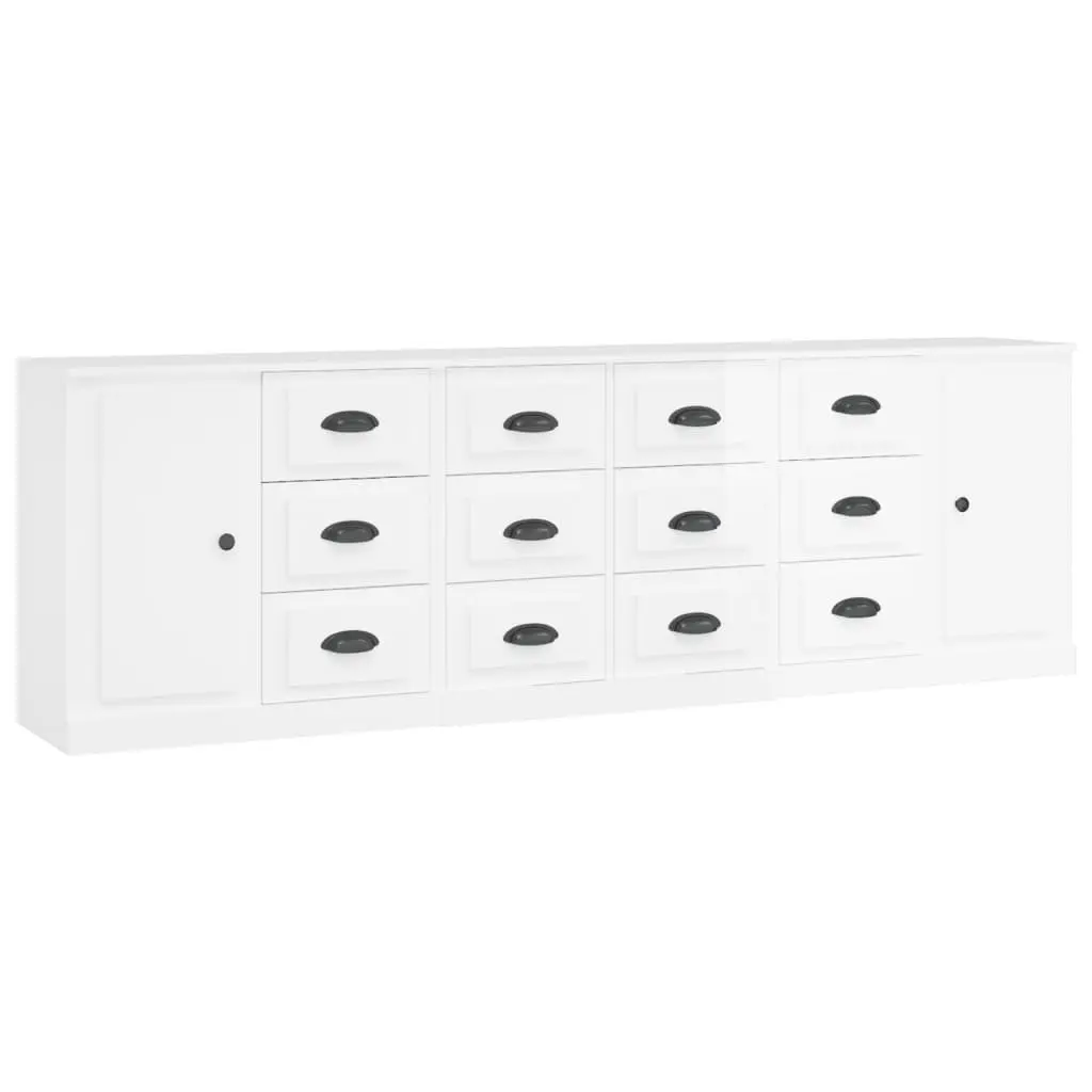 Sideboard Cabinet High Gloss White 3 Piece Engineered Wood Storage Buffet