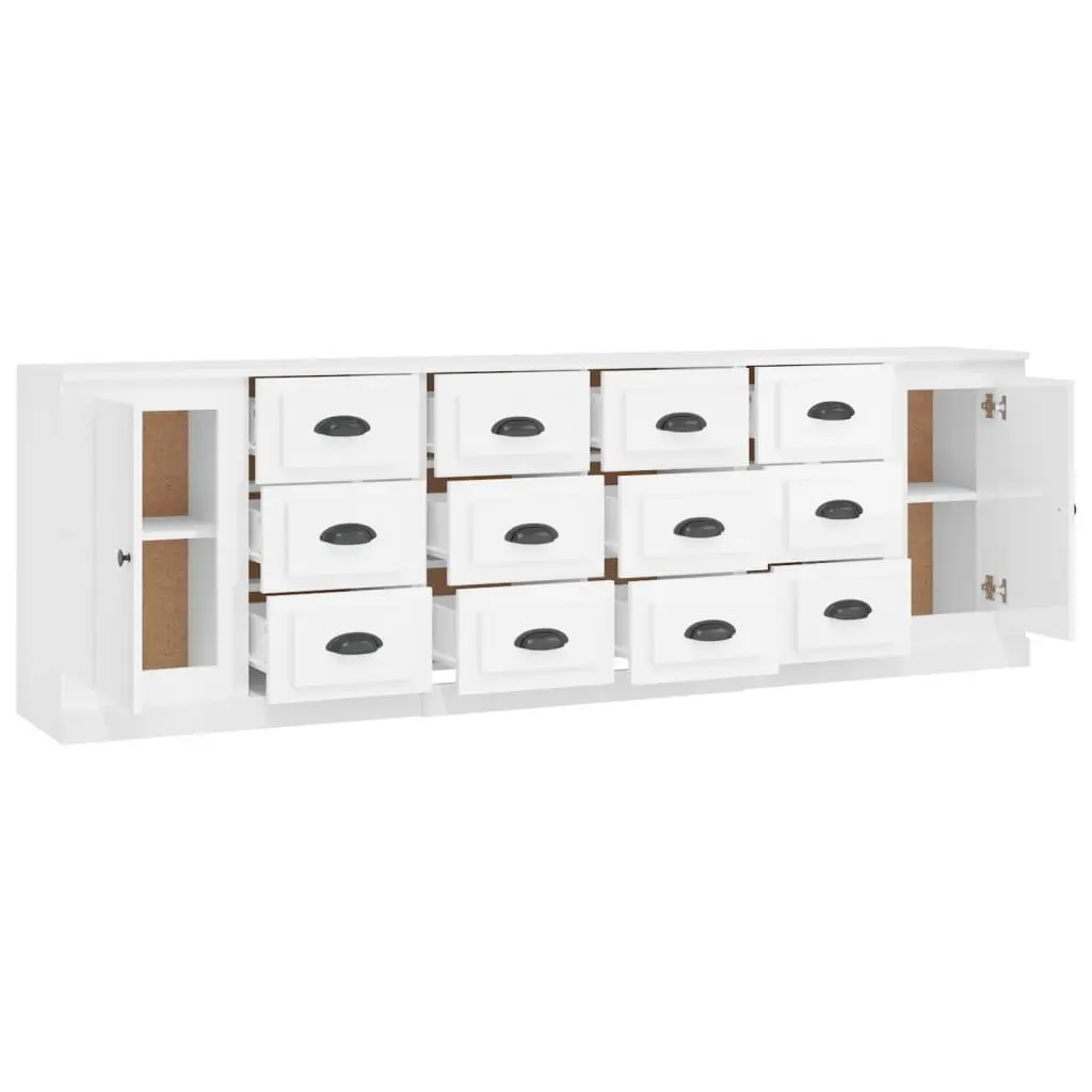 Sideboard Cabinet High Gloss White 3 Piece Engineered Wood Storage Buffet