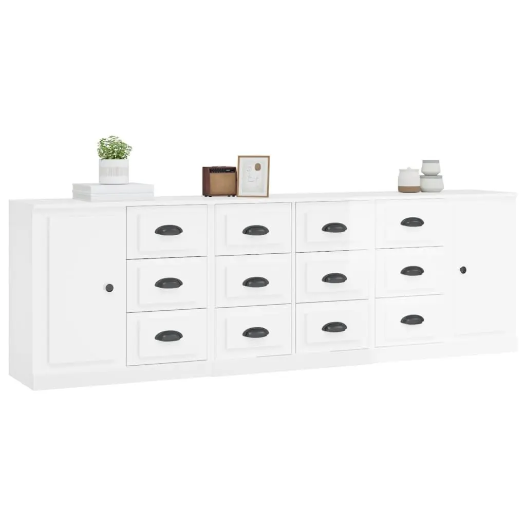 Sideboard Cabinet High Gloss White 3 Piece Engineered Wood Storage Buffet