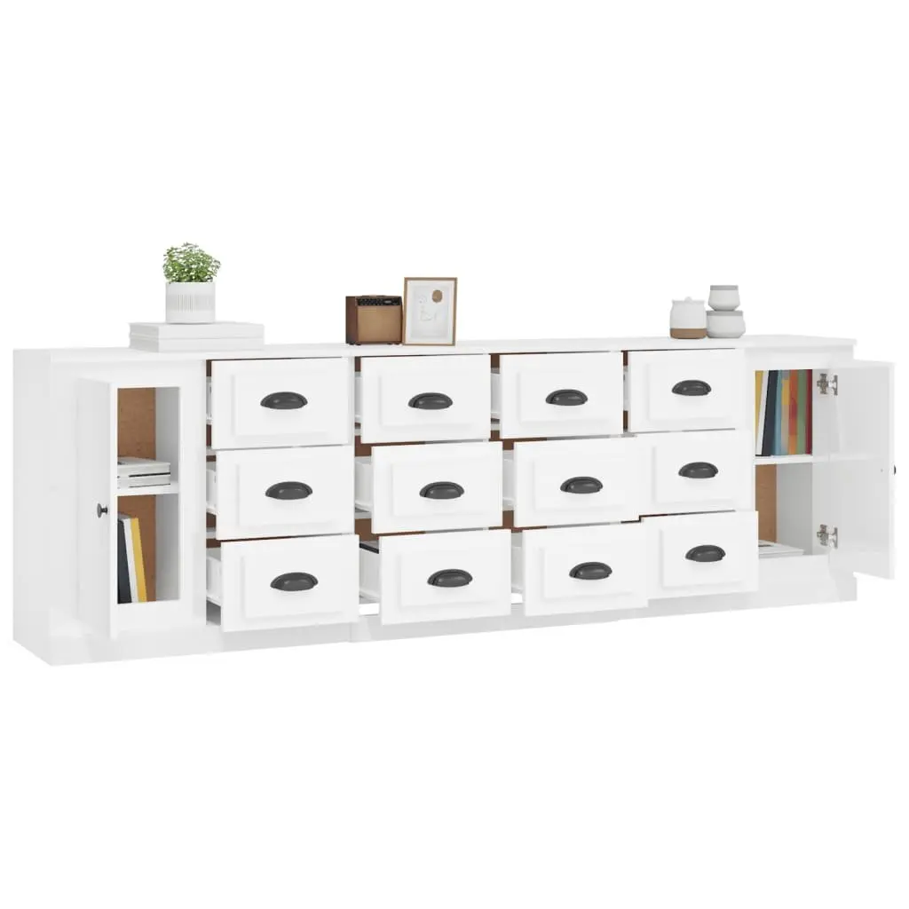 Sideboard Cabinet High Gloss White 3 Piece Engineered Wood Storage Buffet