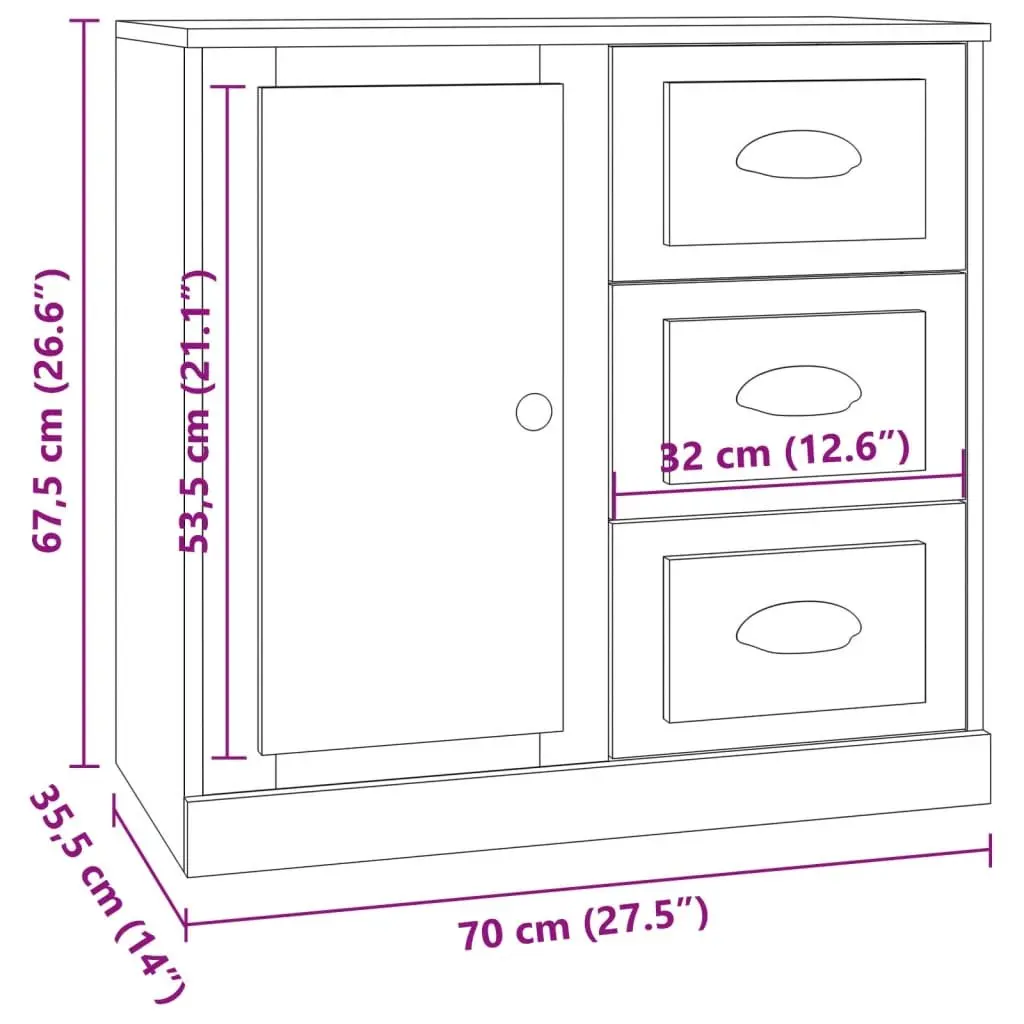 Sideboard Cabinet High Gloss White 3 Piece Engineered Wood Storage Buffet