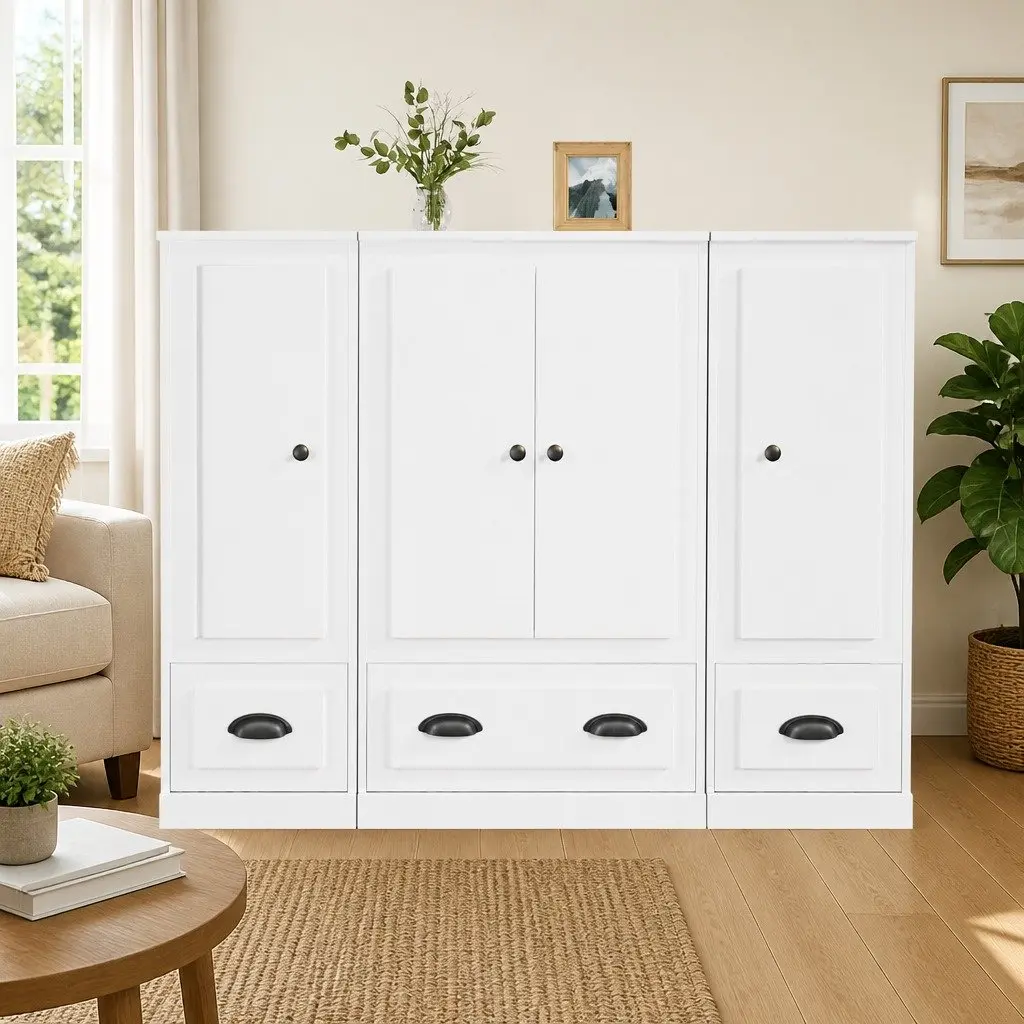 Highboards White Minimalist 3 Piece Storage Cabinet Set Engineered Wood