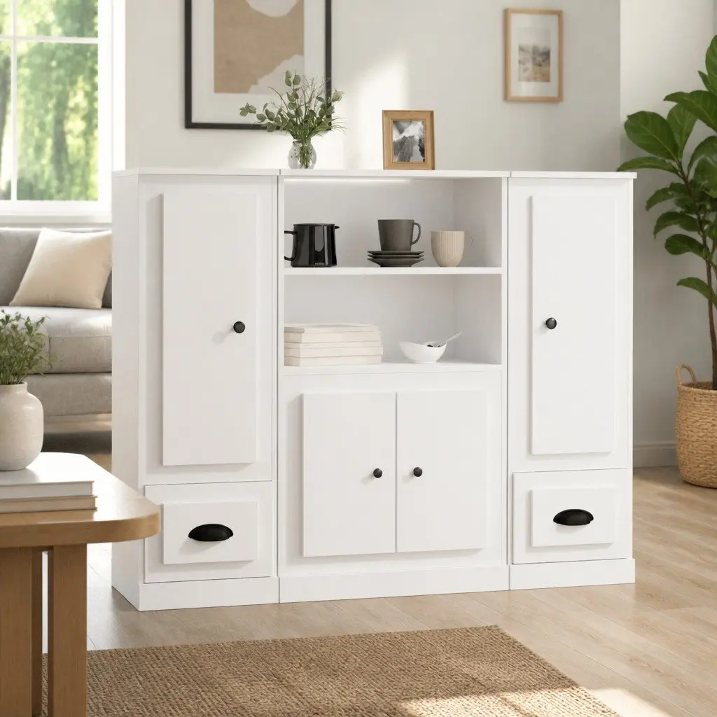 Highboards 3 pcs White Storage Cabinet Sideboard Buffet Engineered Wood