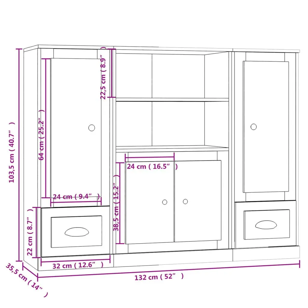 Highboards 3 pcs White Storage Cabinet Sideboard Buffet Engineered Wood