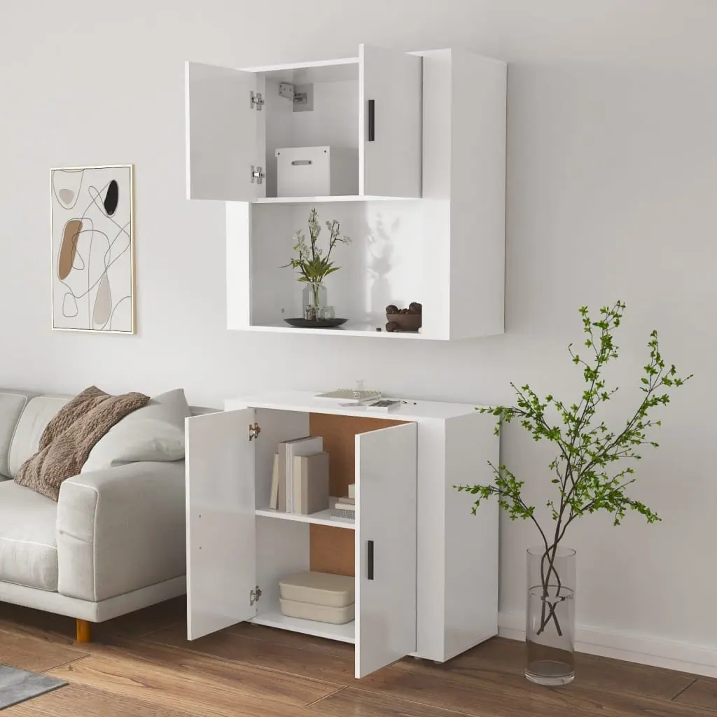 Highboard White Engineered Wood Sideboard Wall-Mounted Storage Cabinet Furniture