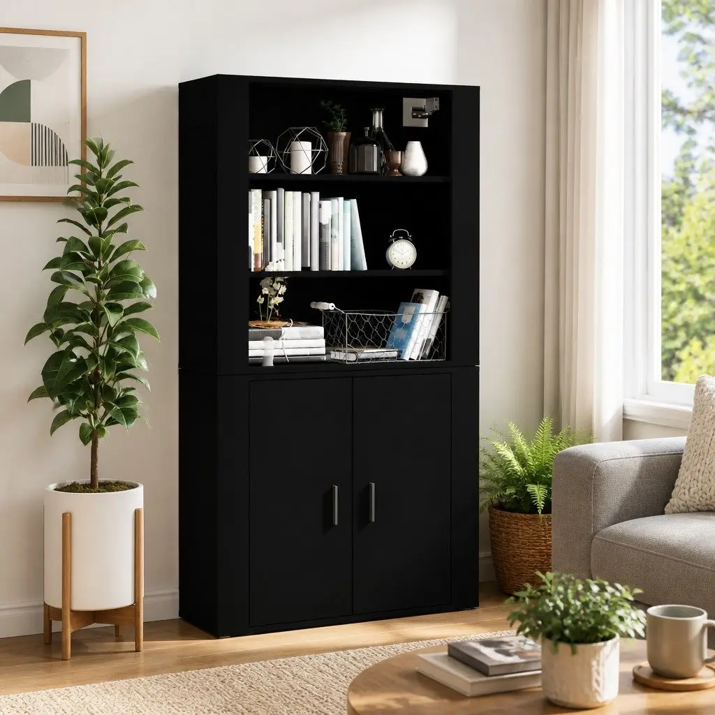 Highboard Black Engineered Wood Wall-Mounted Storage Cabinet Sideboard