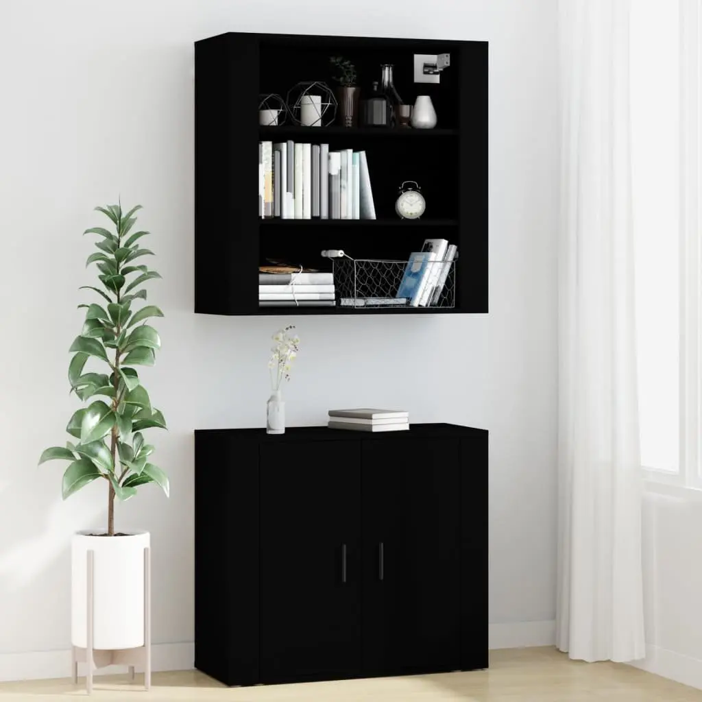 Highboard Black Engineered Wood Wall-Mounted Storage Cabinet Sideboard