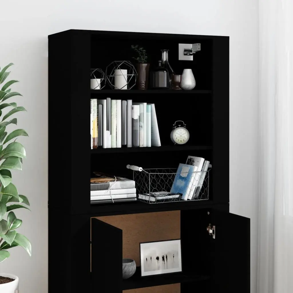 Highboard Black Engineered Wood Wall-Mounted Storage Cabinet Sideboard