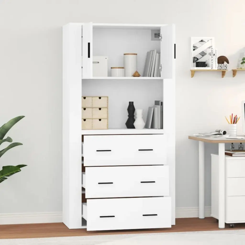 White Engineered Wood Highboard Storage Cabinet