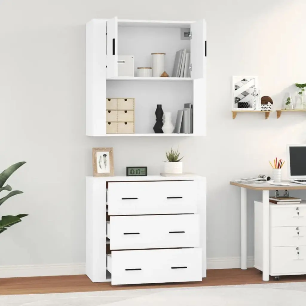White Engineered Wood Highboard Storage Cabinet