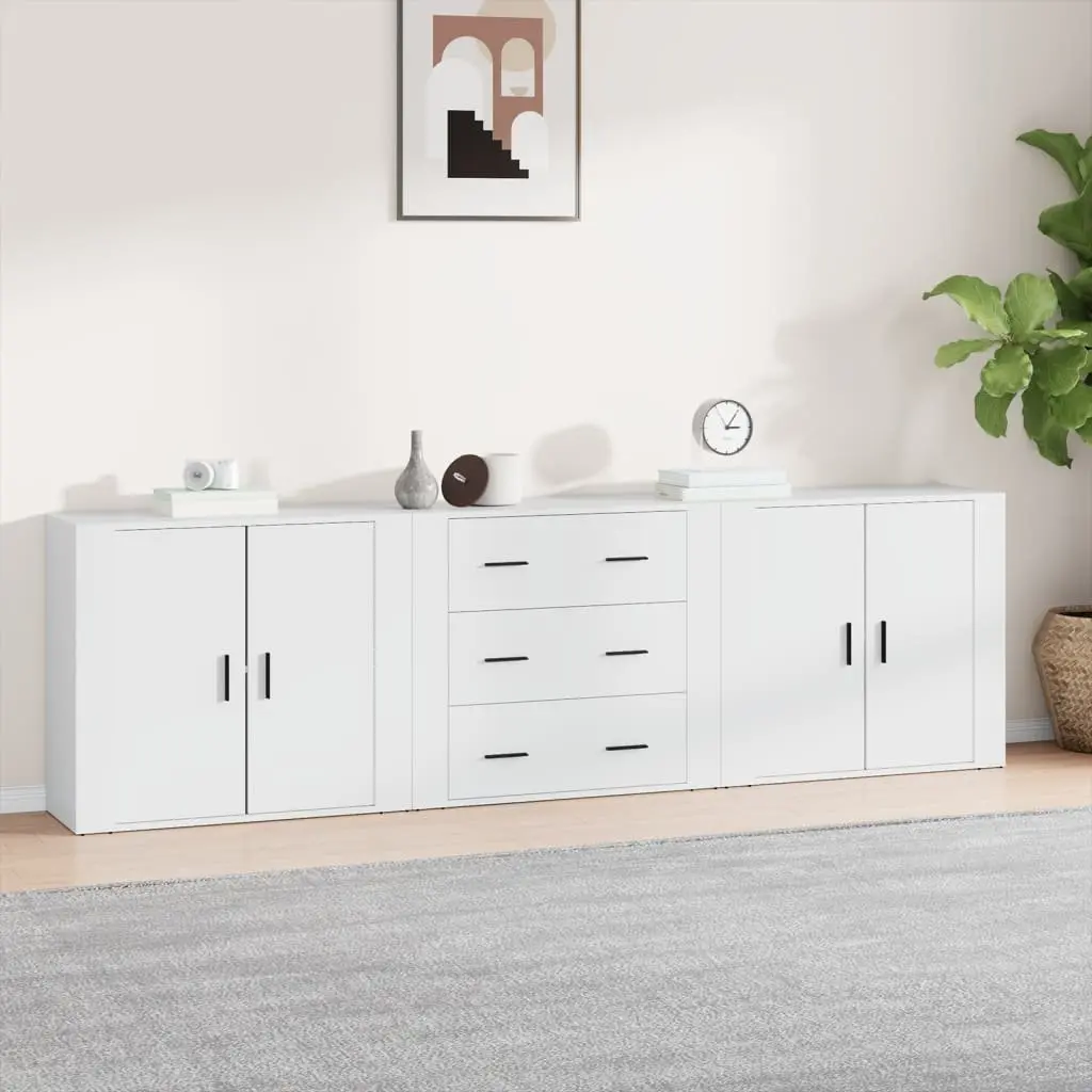 White Sideboards Storage Cabinets Set of 3 Engineered Wood Furniture Buffet