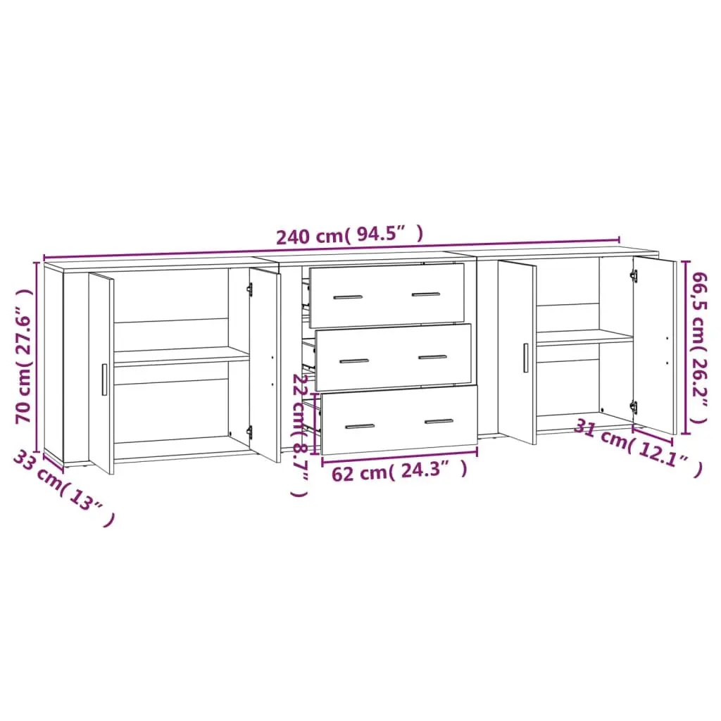 White Sideboards Storage Cabinets Set of 3 Engineered Wood Furniture Buffet