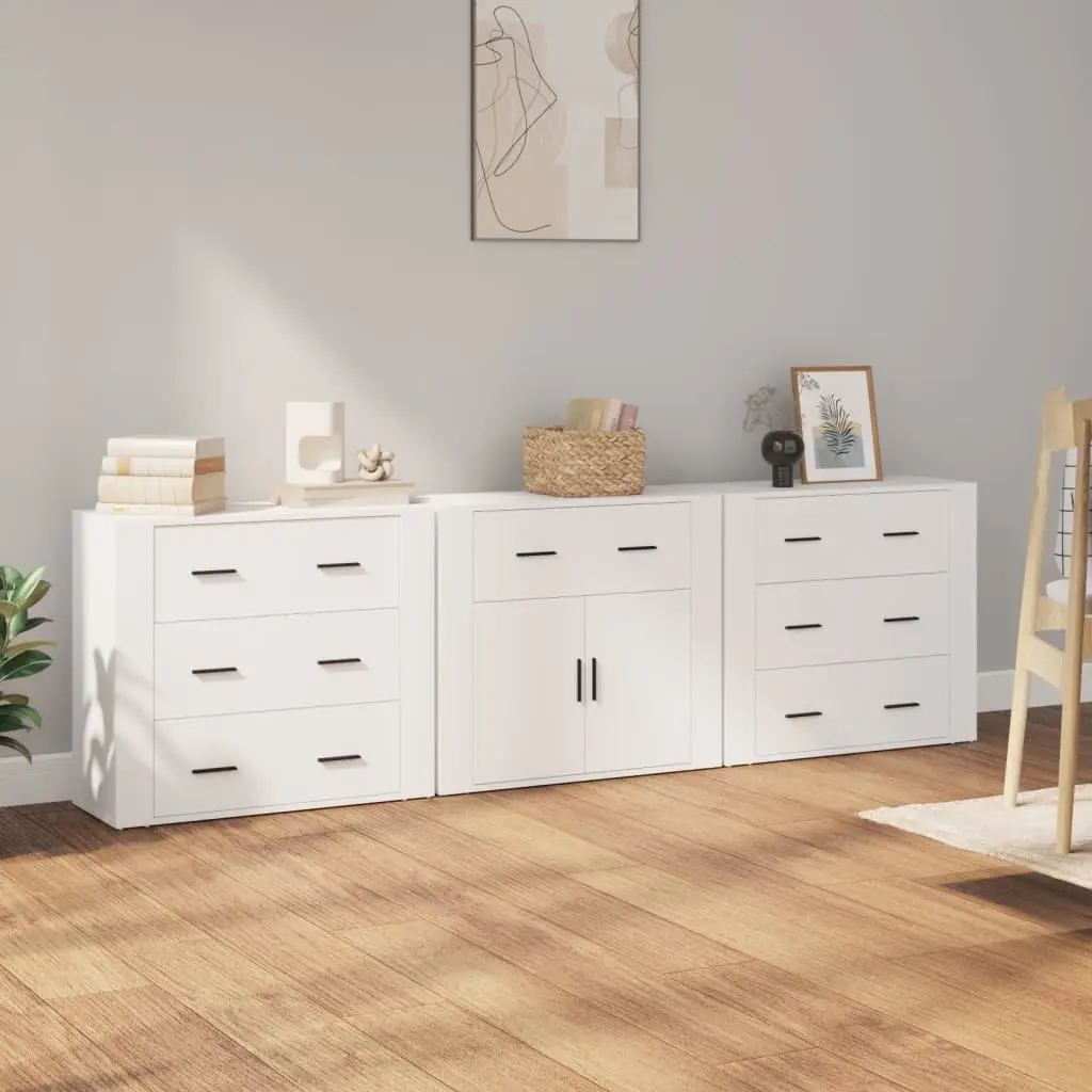 Sideboard Cabinet White 3 Piece Storage Unit Engineered Wood Buffet Display