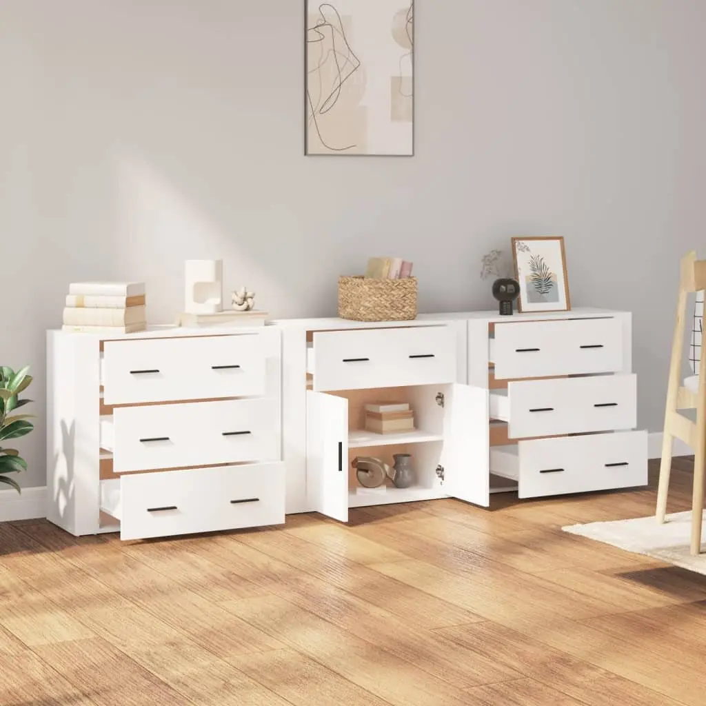 Sideboard Cabinet White 3 Piece Storage Unit Engineered Wood Buffet Display