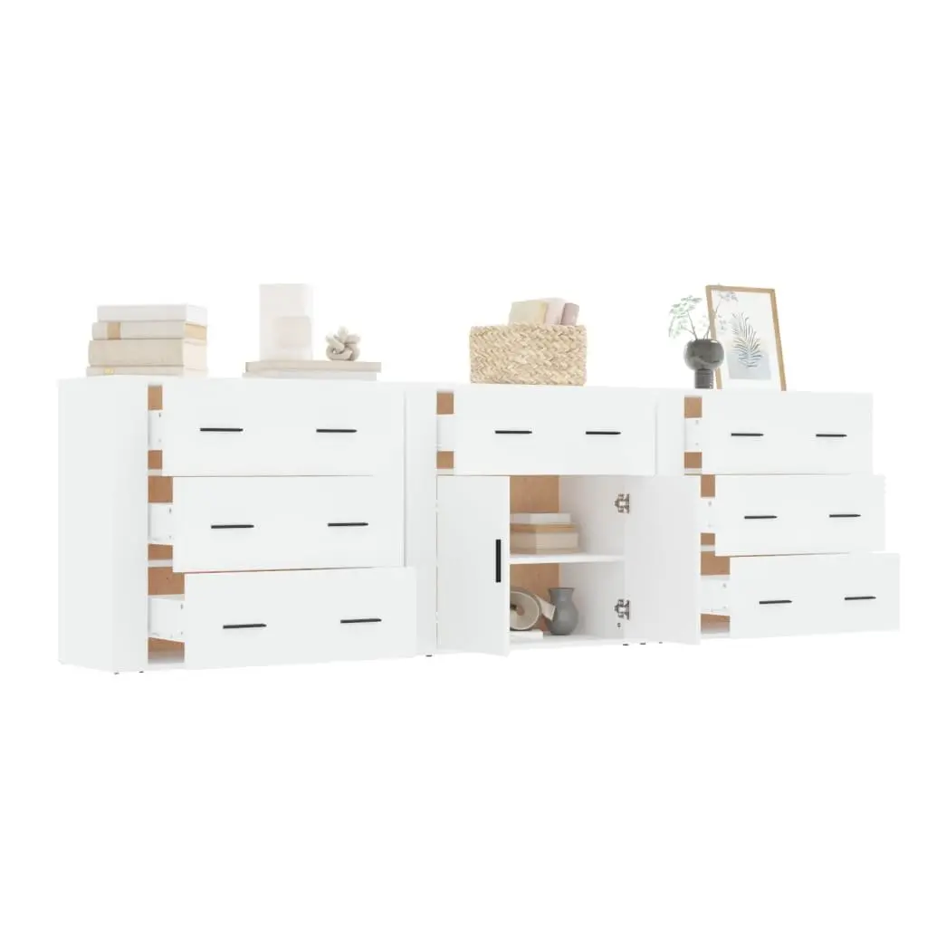 Sideboard Cabinet White 3 Piece Storage Unit Engineered Wood Buffet Display