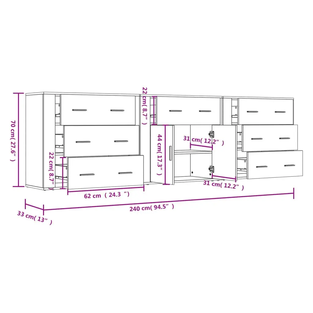Sideboard Cabinet White 3 Piece Storage Unit Engineered Wood Buffet Display