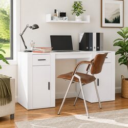 Elegant White Engineered Wood Office Desk with Storage